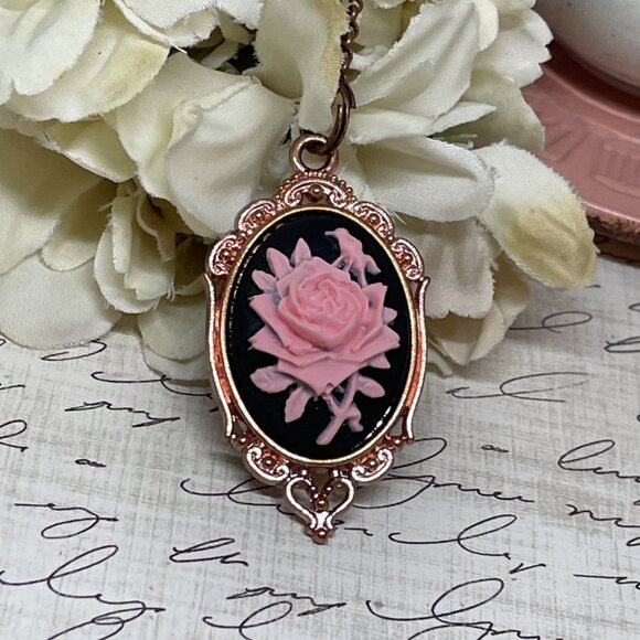 Gothic Steampunk Halloween Rose Gold Necklace Black Pink Rose Cameo Jewelry - Picture 6 of 11